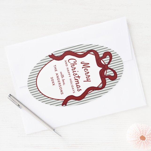 Sticker Ovale Classic Dark Green Stripes & Red Bow Christmas (Enveloppe)