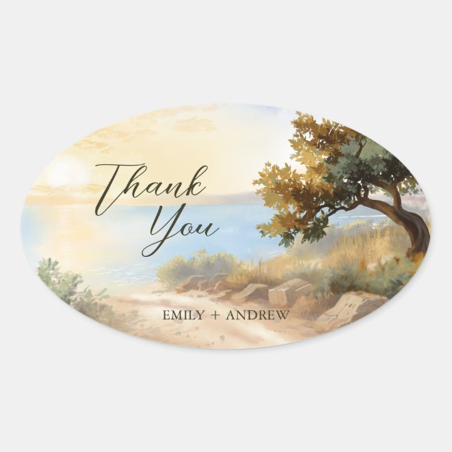Sticker Ovale Coast Watercolor Sunset Mediterranean Thank You (Devant)