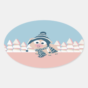 Sticker Ovale Cochon en hiver