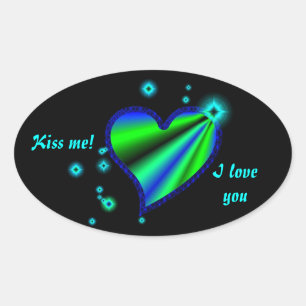 Sticker Ovale Coeur arc-en-ciel bleu vert avec étoiles