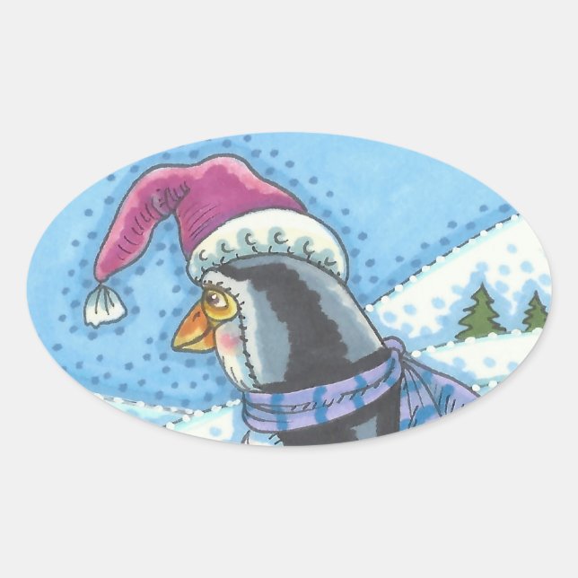 STICKER OVALE COEUR CHAUD FOND FROID, PENGUIN BÂTIMENTS DE NOËL (Devant)