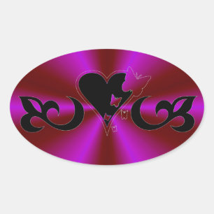 Sticker Ovale Coeur et papillon noirs de lis sur l'arc-en-ciel