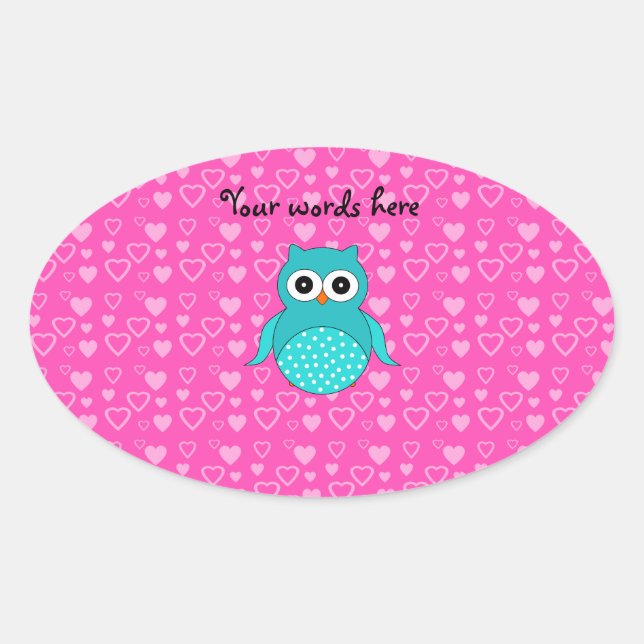 Sticker Ovale Coeurs roses de chouette turquoise (Devant)
