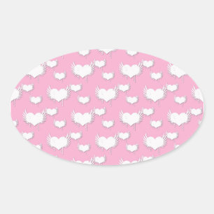 Sticker Ovale Coeurs roses et blancs mignons avec ailes