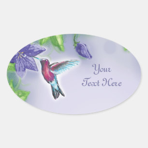 Sticker Ovale colibri coloré et fleurs violettes