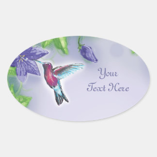 Sticker Ovale colibri élégant coloré et fleurs violettes
