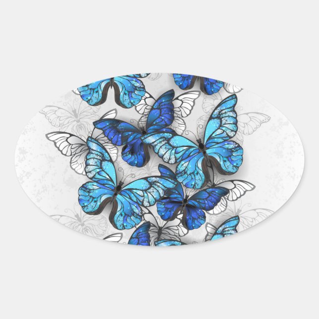 Sticker Ovale Composition de papillons blancs et bleus (Devant)