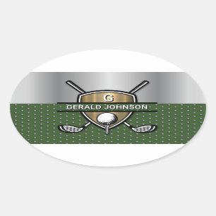 Sticker Ovale Conception de monogramme de golf de bouclier d'or