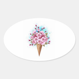 Sticker Ovale Cône rose Sakura crème glacée gaufre