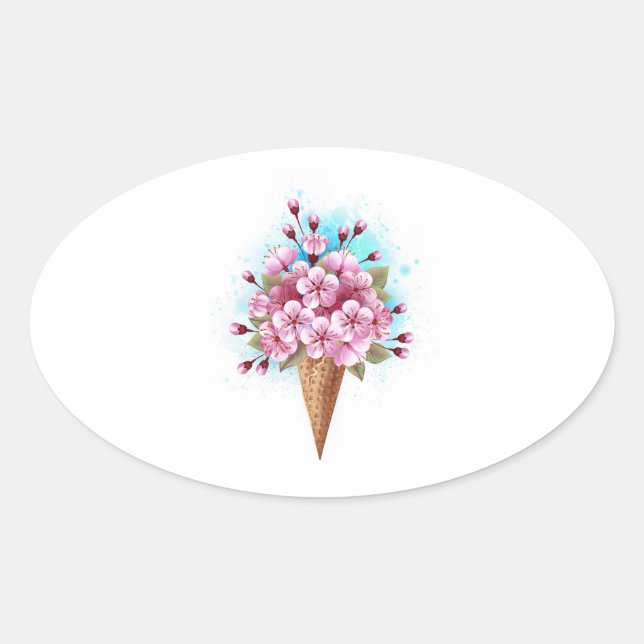 Sticker Ovale Cône rose Sakura crème glacée gaufre (Devant)