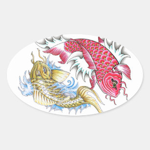 Sticker Ovale Cool Oriental Koi Poisson Rouge Or Yin Yang tatoua