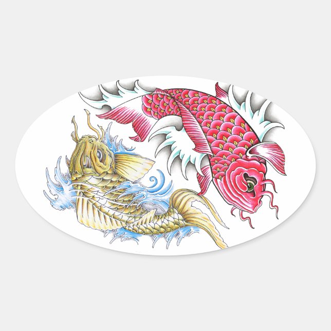 Sticker Ovale Cool Oriental Koi Poisson Rouge Or Yin Yang tatoua (Devant)