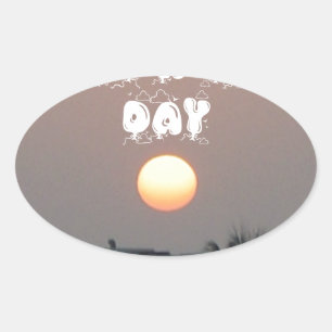 Sticker Ovale Coucher de soleil d'or avec Bonne Journée/Soirée