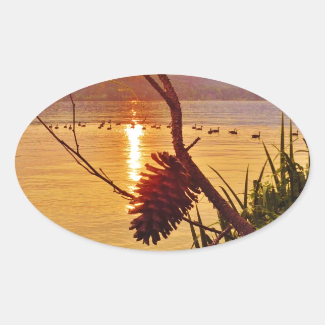 Sticker Ovale Coucher de soleil du lac Pinecone (Devant)