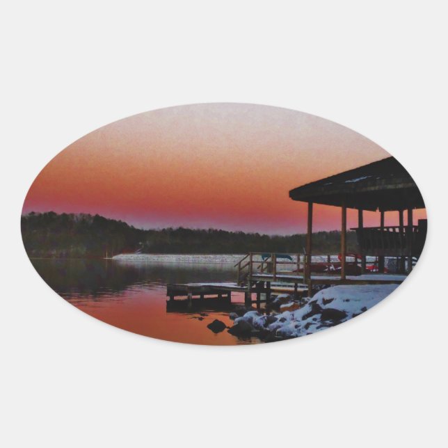 Sticker Ovale Coucher de soleil sur le quai du lac Arrowhead (Devant)