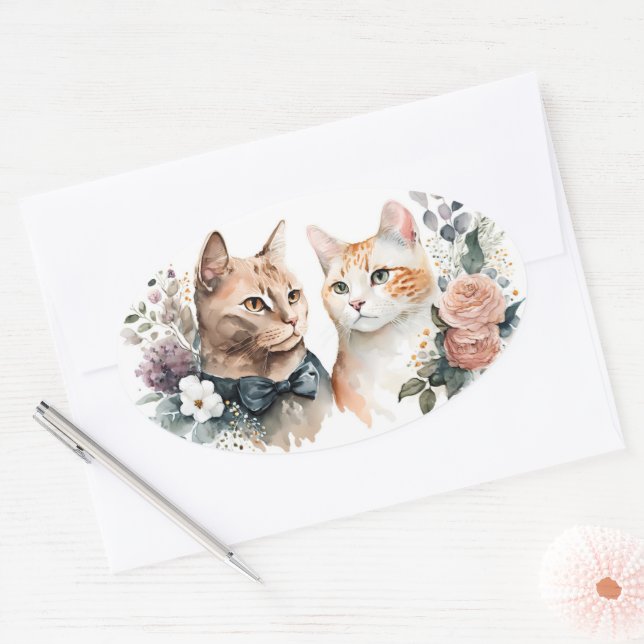 Sticker Ovale Couple Chat Aquarelle Sur Blanc (Enveloppe)