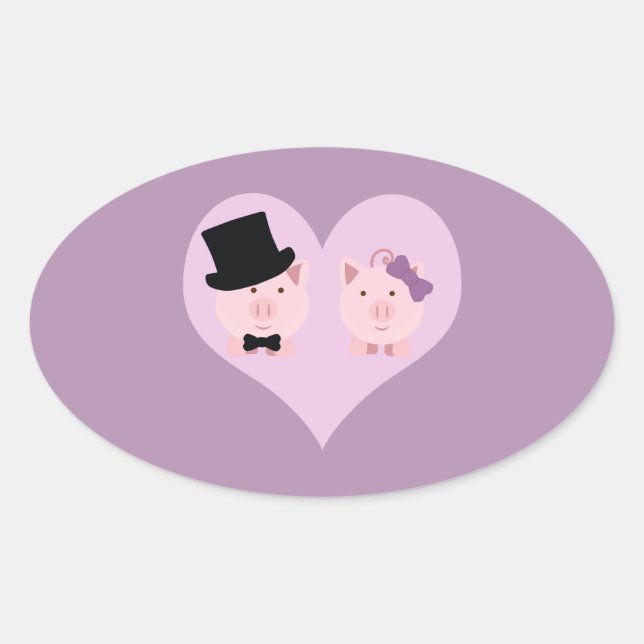 Sticker Ovale Couple de cochon mignon (Devant)