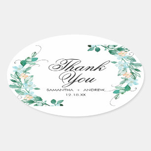 Sticker Ovale Couronne florale de mariage Merci Menthe & Pêche