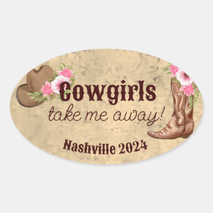Sticker Ovale Cowgirls m'emmènent loin, floral rose rustique