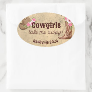 Sticker Ovale Cowgirls m'emmènent loin rustique rose floral