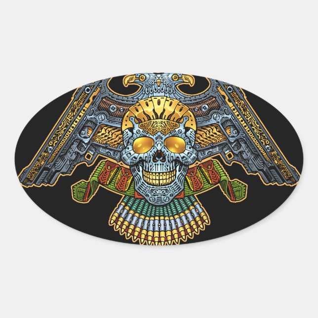 Sticker Ovale Crâne gothique avec armes à feu et balles par Al R (Devant)