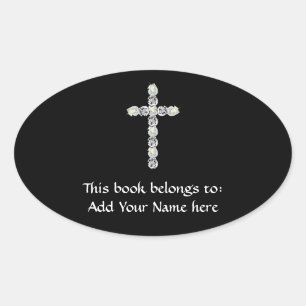 Sticker Ovale Croix d'argent et de rose blanche