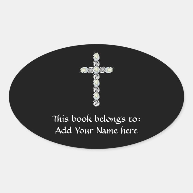 Sticker Ovale Croix d'argent et de rose blanche (Devant)