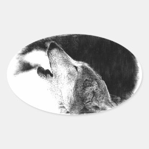 Sticker Ovale Croquis noir et blanc Loup gris