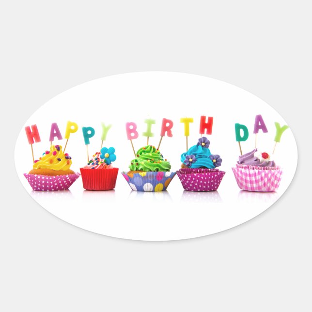 Sticker Ovale Cupcakes de Joyeux Anniversaire (Devant)