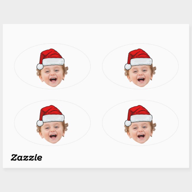 Sticker Ovale Custom Santa Hat Stickers, Face Photo Christmas (Feuille)