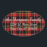 Sticker Ovale Custom Simple Merry Christmas Wish Tartan Pattern<br><div class="desc">Beautiful contemporain Scottish style red, white, yellow and black tartan and stripes pattern design. With room to personalize or customize with family name and address of your choice. Ornate, elegant, stylish and eclectic design for the fancy artistic hip craft, vintage retro art style or abstract digital geometric lover. Available on...</div>