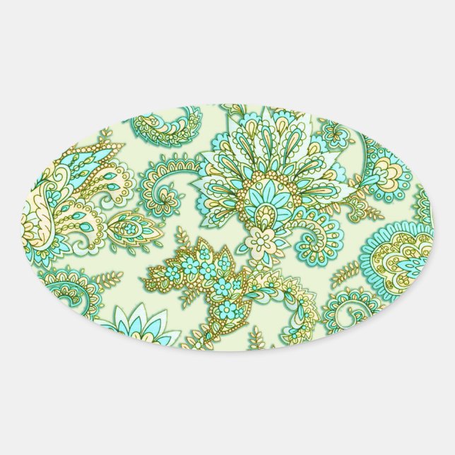 Sticker Ovale Cute Aqua Gold Paisley Motif Floral (Devant)