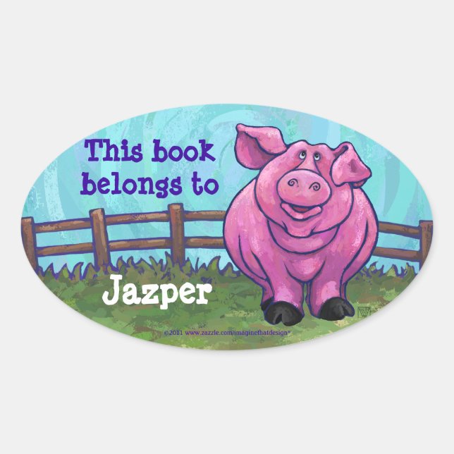 Sticker Ovale Cute Cochon Plaque de livre personnalisée (Devant)