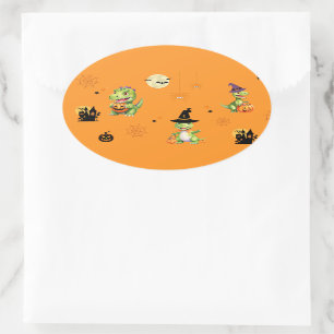 Sticker Ovale Cute Dinosaur jouer tour citrouille pour traiter h