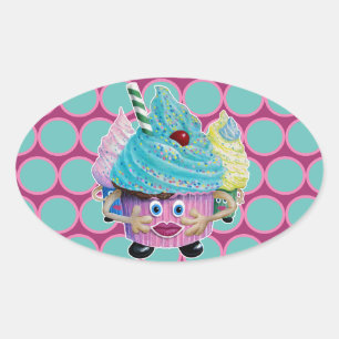 Sticker Ovale Cute Fantasy Creatur Cupcakes Illustrated
