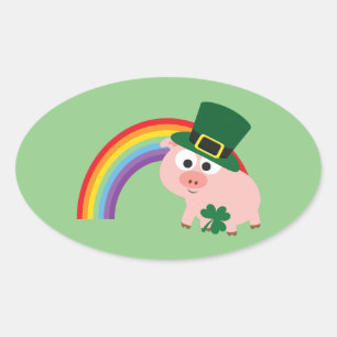 Sticker Ovale Cute Leprechaun Pig