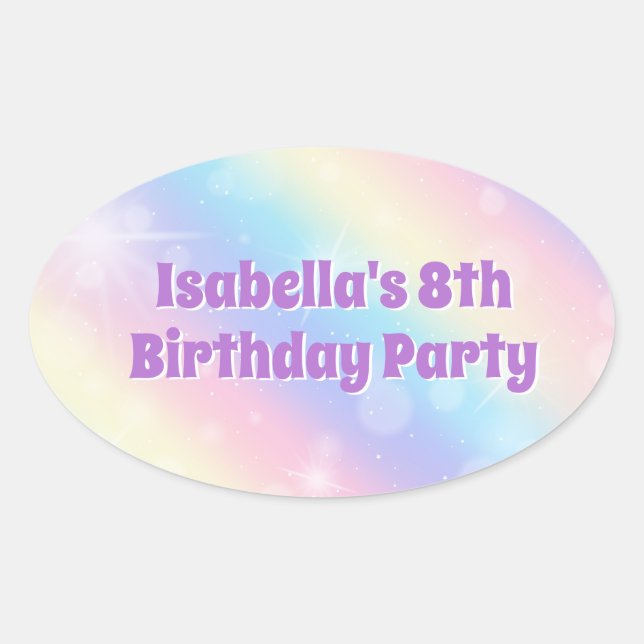 Sticker Ovale Cute Rainbow Pastel Sparkle Custom Birthday Party (Devant)