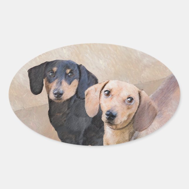 Sticker Ovale Dachshund (Smooth) Peinture - Art Chien original (Devant)