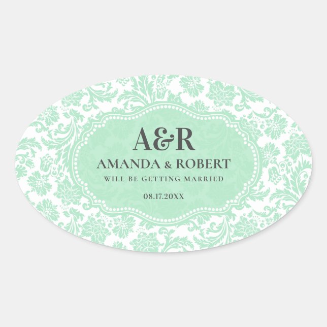 Sticker Ovale Damas Blanc & Mint-Vert Enregistrer La Date (Devant)