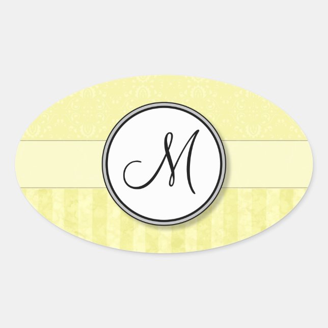Sticker Ovale Damas de crème de citron avec bandes et monogramme (Devant)