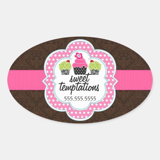 Sticker Ovale Damask Cupcake Bakery (Devant)