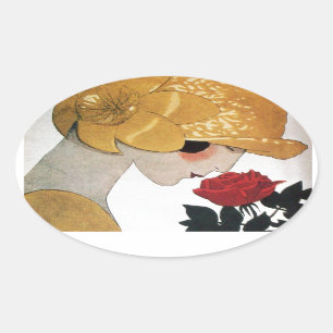 STICKER OVALE DAME AVEC ROSE ROUGE