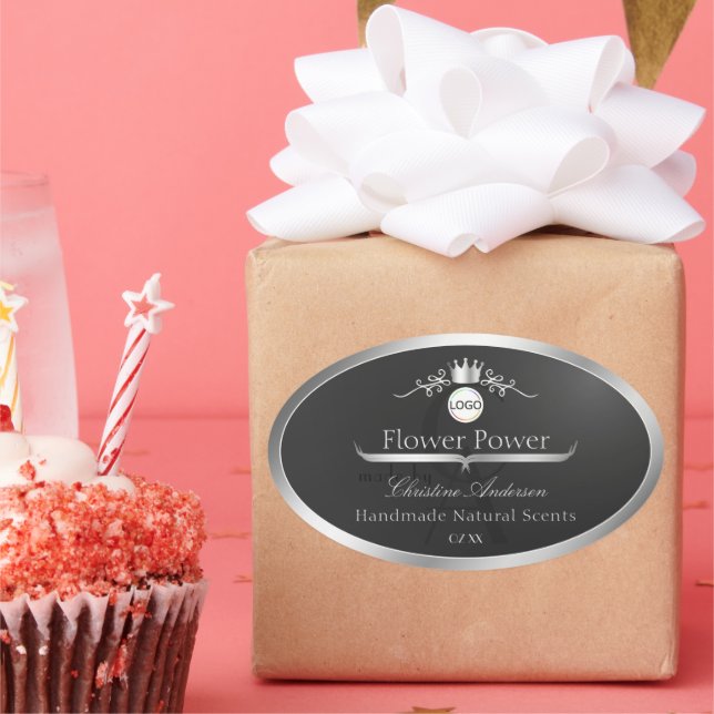 Sticker Ovale Dark Gray Product Label Silver Frame Logo Monogram (Fête)