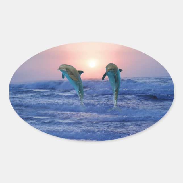 Sticker Ovale Dauphin de verdure au lever du soleil (Devant)
