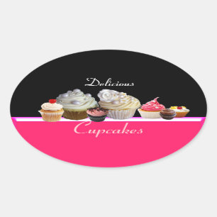 Sticker Ovale DÉLICIEUX CUPCAKES ANNIVERSAIRE FÊTE, rouge rose n