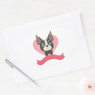 Sticker Ovale Dessin animé de Bouledogue français sur cœur