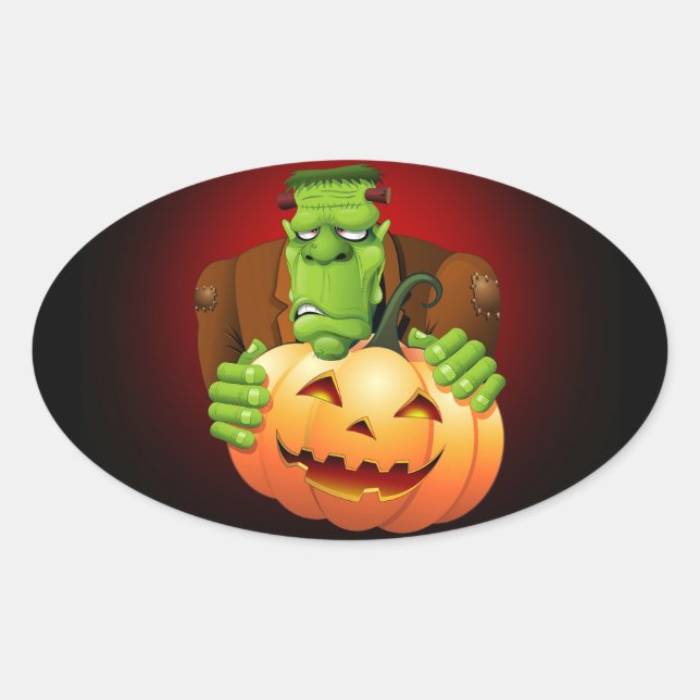 Sticker Ovale Dessin de Frankenstein Monster avec Citrouille (Devant)
