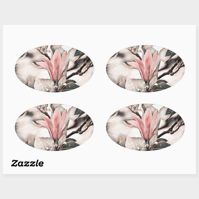 Sticker Ovale Dessin d'une branche de fleur de magnolia rose (Feuille)