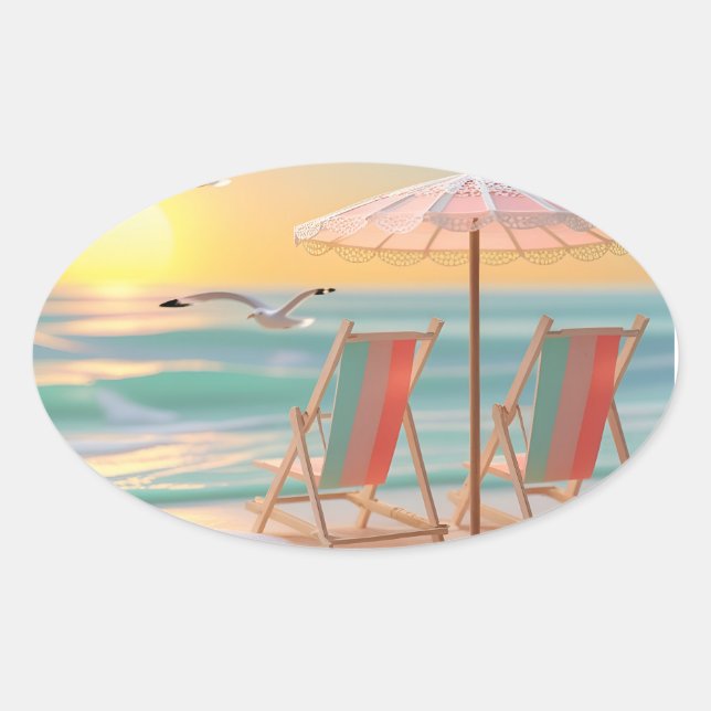 Sticker Ovale "Deux chaises au bord de la mer" (Devant)