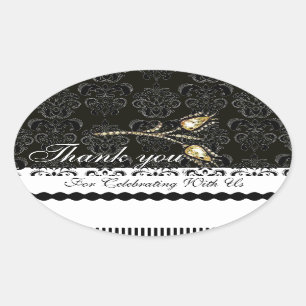 Sticker Ovale DIAMOND TULIPS BLACK WHITE DAMASK, Merci Favoriser